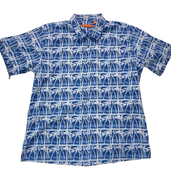 TORI Richard Tropical Palm Tree Short Sleeve Button Down Shirt in Blue Size XL - Picture 7 of 7